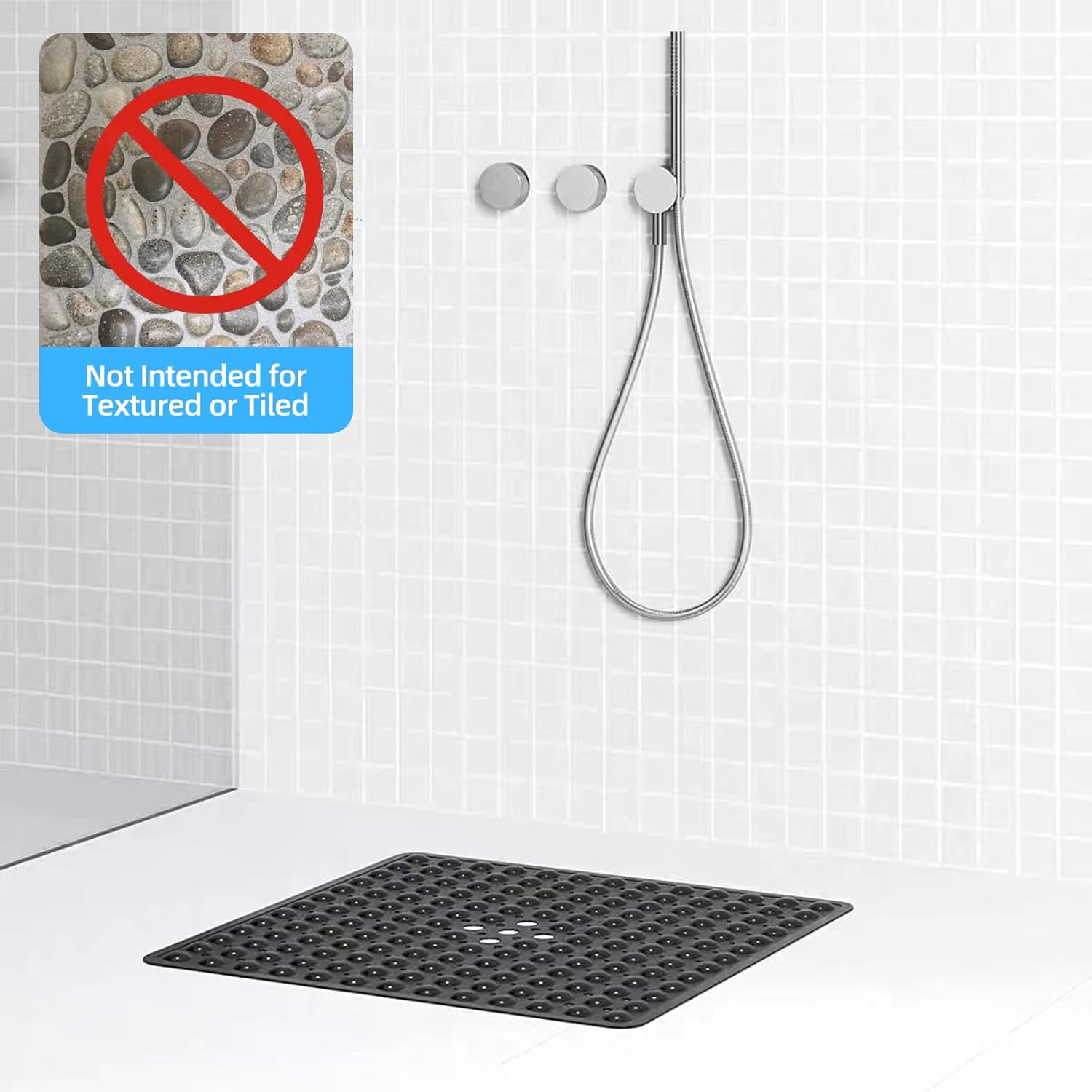 Square Shower Mat Non Slip anti Mould - 53 X 53Cm/21 X 21Inch anti Slip Shower Mat with Suction Cup, Antibacterial Rubber Bathtub Mat with Drain Holes, Machine Washable (Grey) - Black image number 6