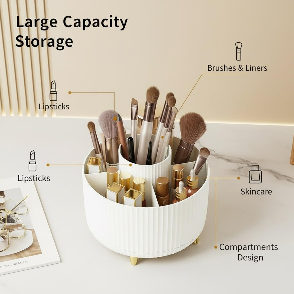 Spinning Makeup Brush Holder, 360&deg; Rotating Makeup Brush Organizer with 5 Slots, Large Capacity Cosmetic Storage Cup for Makeup Brushes, Lipsticks, Nail Polish, Bathroom Vanity Organizer(Pure White) image number 3