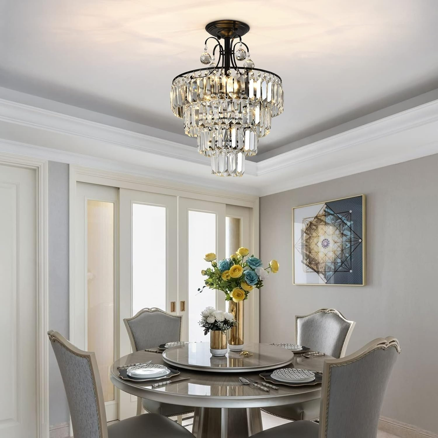 USOR Modern Crystal Ceiling Light D40Cm H50Cm Hanging Pendant Chandelier Staircase Lighting Flush Mount Ceiling Lighting Fixture for Dining Room Living Room Bedroom Entryway Stairwell Bulbs Included image number 1