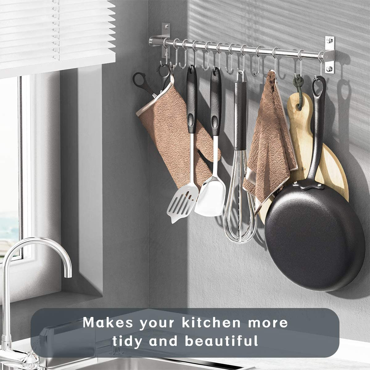 Booxihome Wall Mounted Utensil Rack, Stainless Steel Hanging Kitchen Rail with 12 Removable Hooks, Hanger Organizer for Utensil 50Cm(20") image number 6