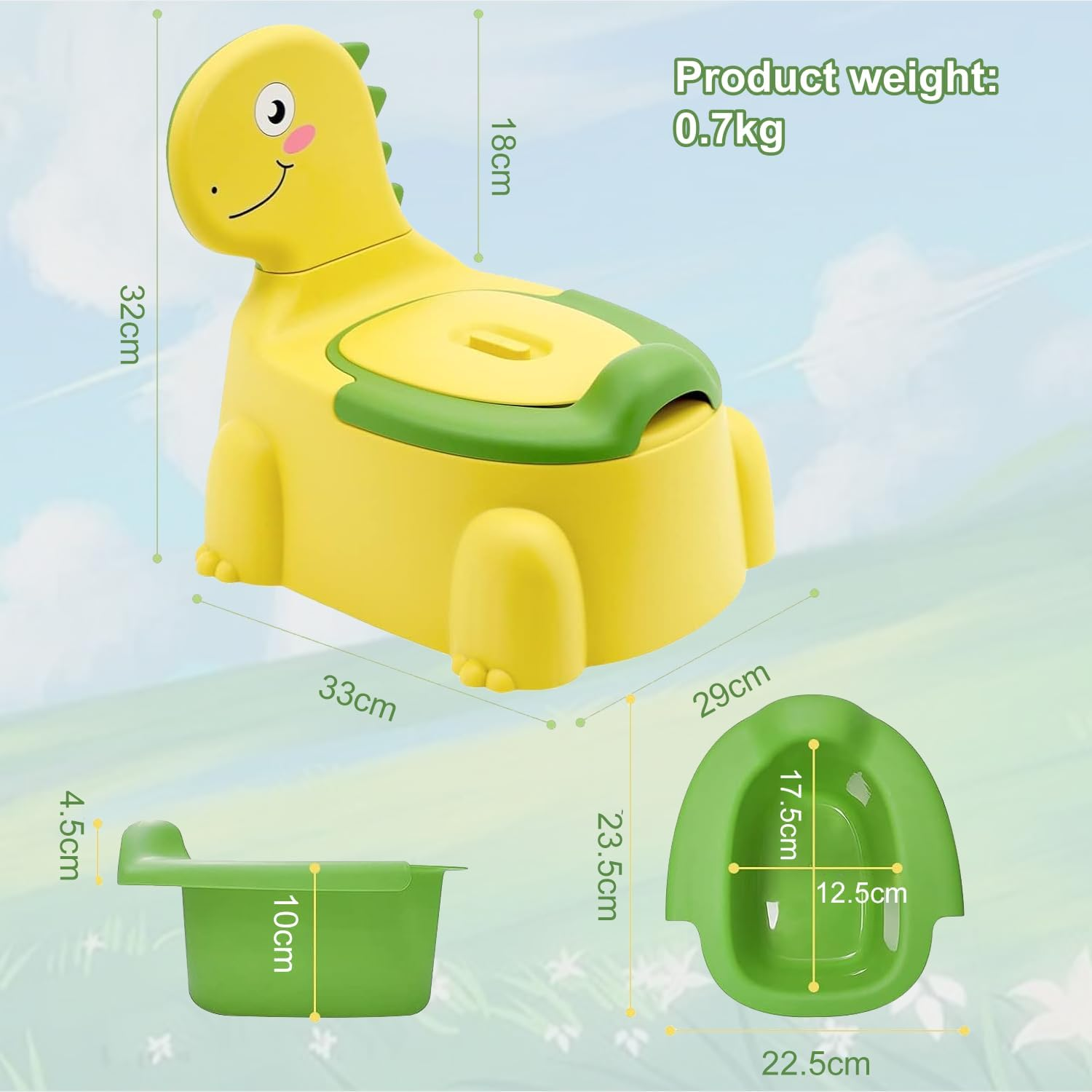 Dinosaur Potty Training Seat for Toddlers with Non-Slip Rubber Base, 110Lbs Capacity, Portable Travel Potty for Boys & Girls, Baby Potty Training Toilet Seat, Toilet Seat for Toddler (Bright Yellow)