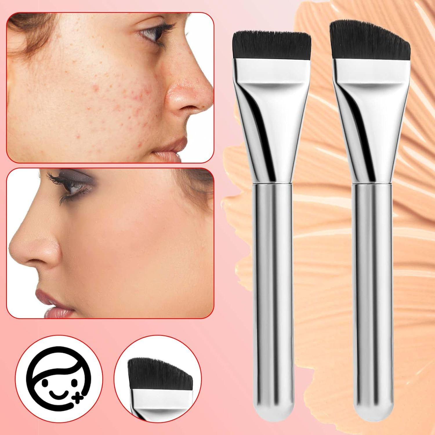 3Pcs Foundation Brush Sets, with Makeup Puff Flat Foundation Angled Small Contoured Makeup Brushes for Blending Liquid Cream Foundation Concealer Applicator Cosmetics Flawless Make up Face Brush Tool image number 4