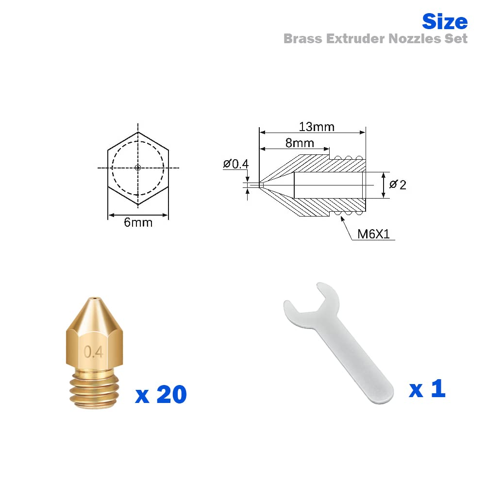 Lokkr 3D Printer Brass Extruder Nozzles Set, 20PCS Brass MK8 Nozzles (0.2Mmx2 0.3Mmx2 0.4Mmx8 0.5Mmx2 0.6Mmx2 0.8Mmx2 1Mmx2) with Wrench for Makerbot, E3D, Creality Cr-10/Ender 3/3 V2/3 S1/5, Prusa I3 image number 6