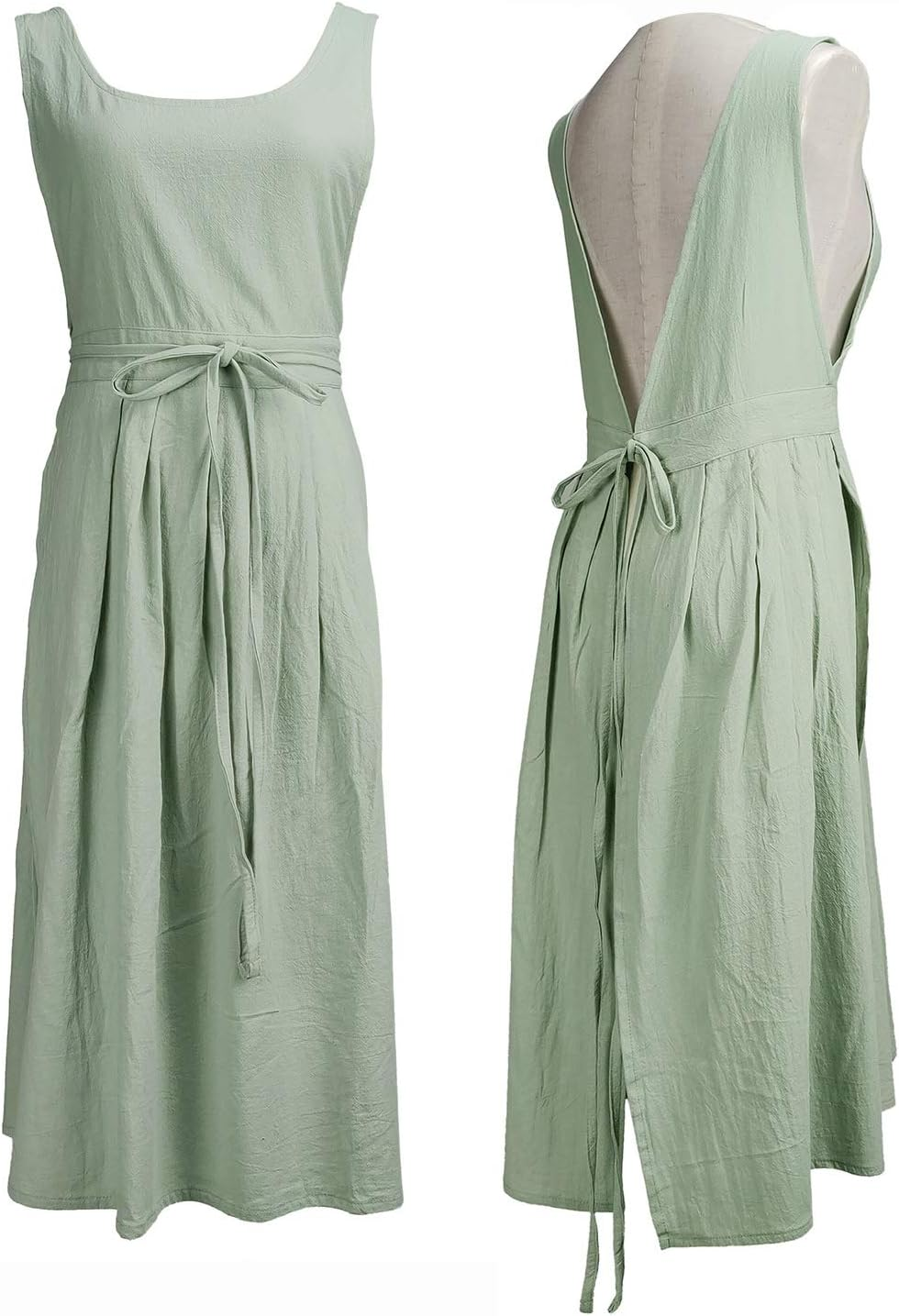 Women Girls Vintage Pleated Split Apron V Neck Gardening Works Cotton Overall Smock Pinafore Dress