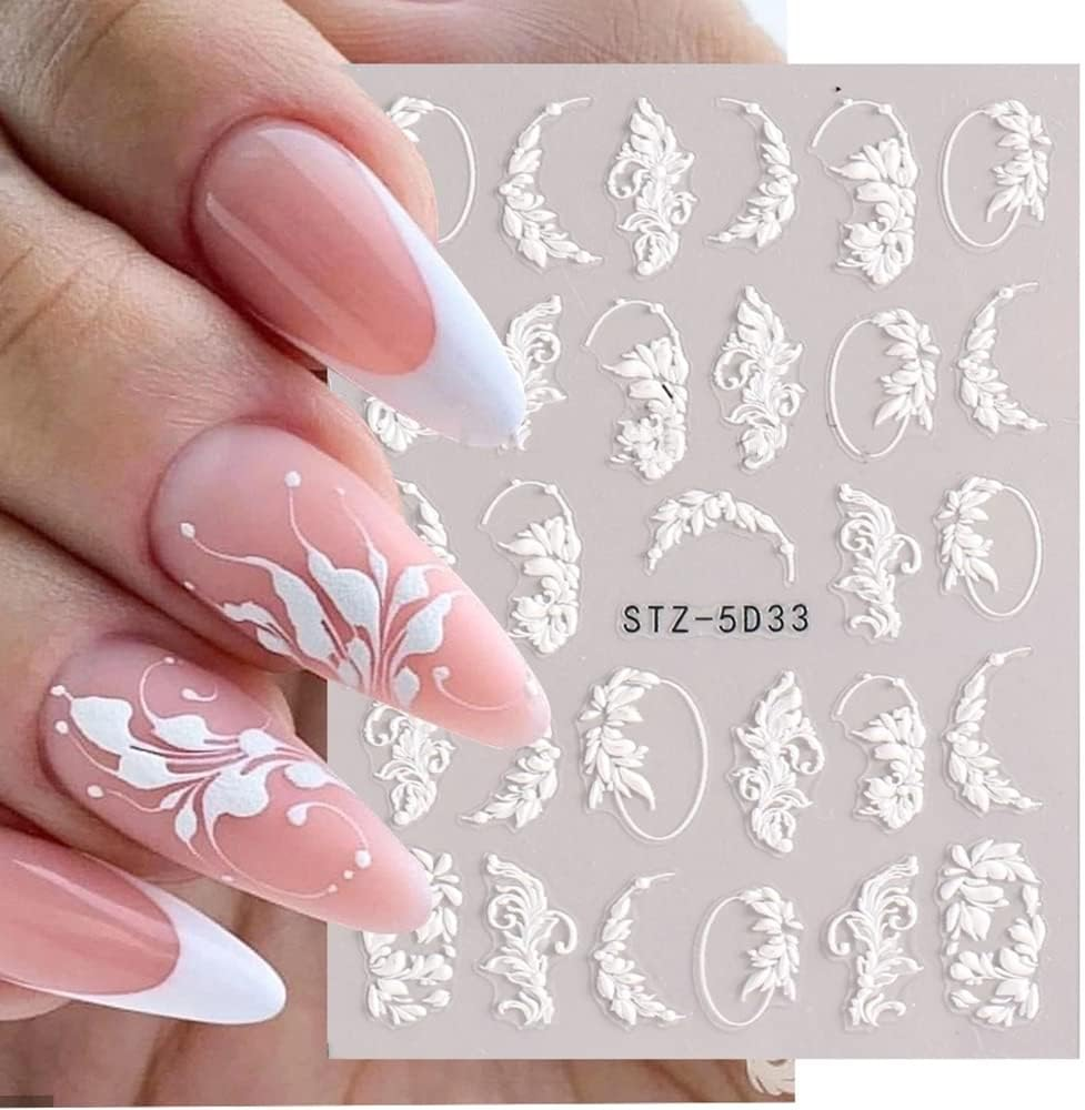 Nail Stickers, Self-Adhesive, 6 Sheets, 5D Nail Stickers, 5D Flowers Nail Art Stickers, White Nail Design for DIY Nail Decoration image number 2