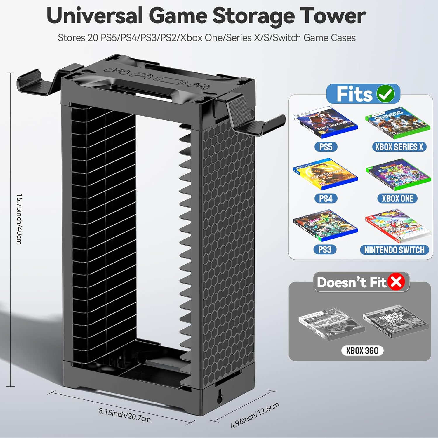 Kytok Video Game Storage Stand Tower with Controller Holder, Wall Mount Game Disc Case Organizer Compatible with PS5 PS4 Nintendo Switch Xbox Series/One, Vertical & Horizontal Stand for 20 Gaming Disc image number 4