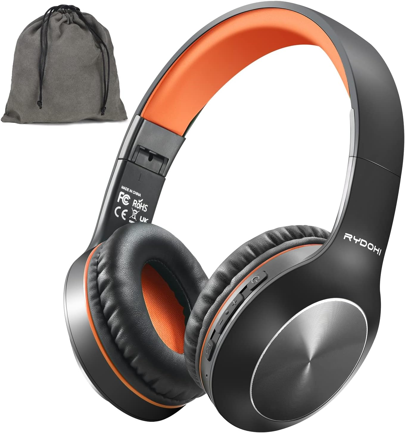 Rydohi Bluetooth Headphones over Ear, 68H Playtime and 3 EQ Music Modes Wireless Headphones with Microphone/Deep Bass, Hifi Stereo Foldable Lightweight Headset for PC Home Travel Office (BLACK-ORANGE) - Black image number 4