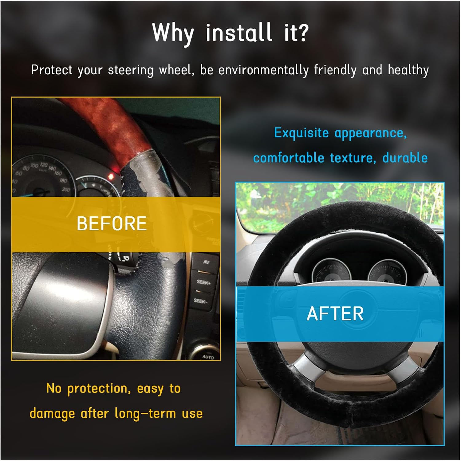 Kewucn Fuzzy Car Steering Wheel Cover, 15 Inch Elastic Soft Steering Wheel Protector, Anti-Slip Fluffy Car Wheel Covers, Universal Vehicle Warm Winter Accessories for Car SUV Truck (Black) - Black image number 3