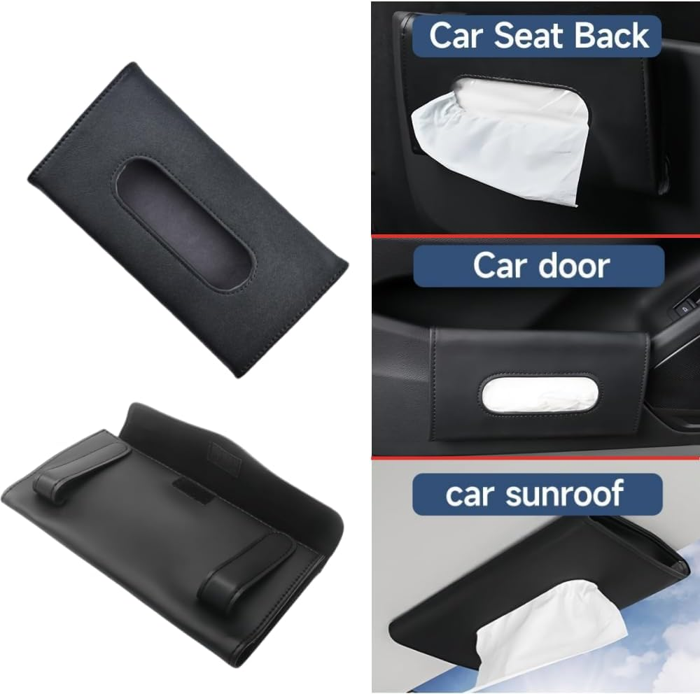 Car Tissue Holder, Leather Tissue Holder, Mask Holder, Rectangular Sun Visor Napkin, Premium Car Tissue Box (Black) image number 1