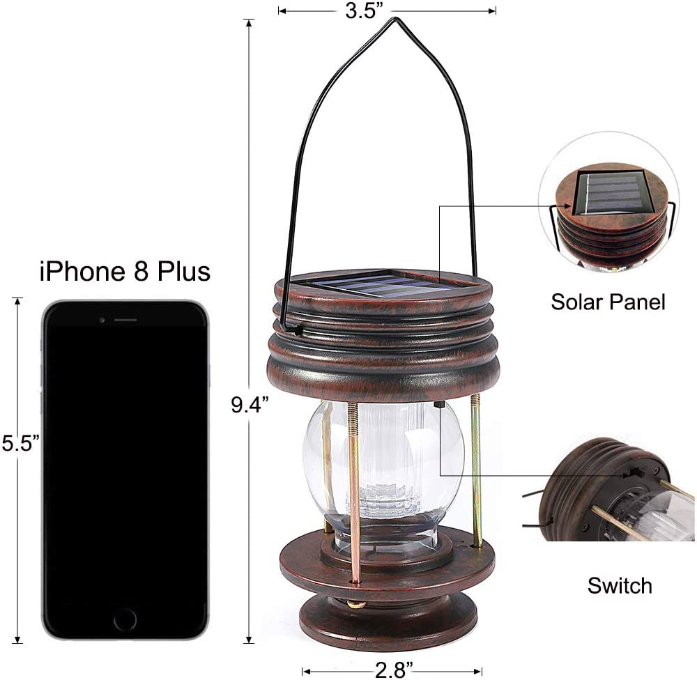 Pearlstar Solar Lantern Outdoor Waterproof Hanging Solar Garden Lights - 2 Pack Solar Powered Landscape Christmas Lanterns with Retro Design for Patio, Yard, Garden and Pathway Decor (Warm Light)