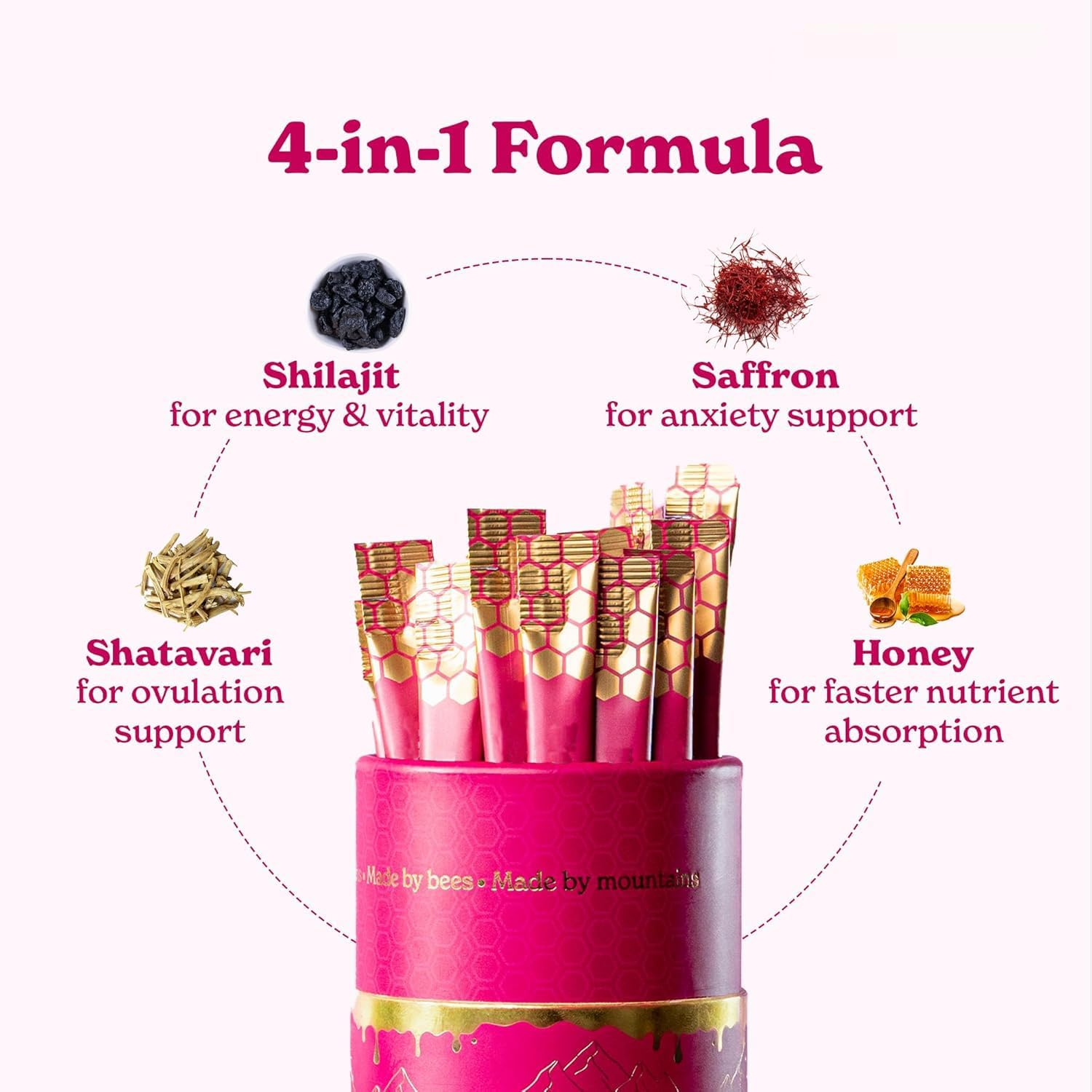 She-Lajit Honey Sticks | Shilajit for Women - Shatavari & Saffron for Hormonal Balance & Energy | Tasty Organic Honey Blend with Pure Himalayan Shilajit | 30 Sticks image number 1