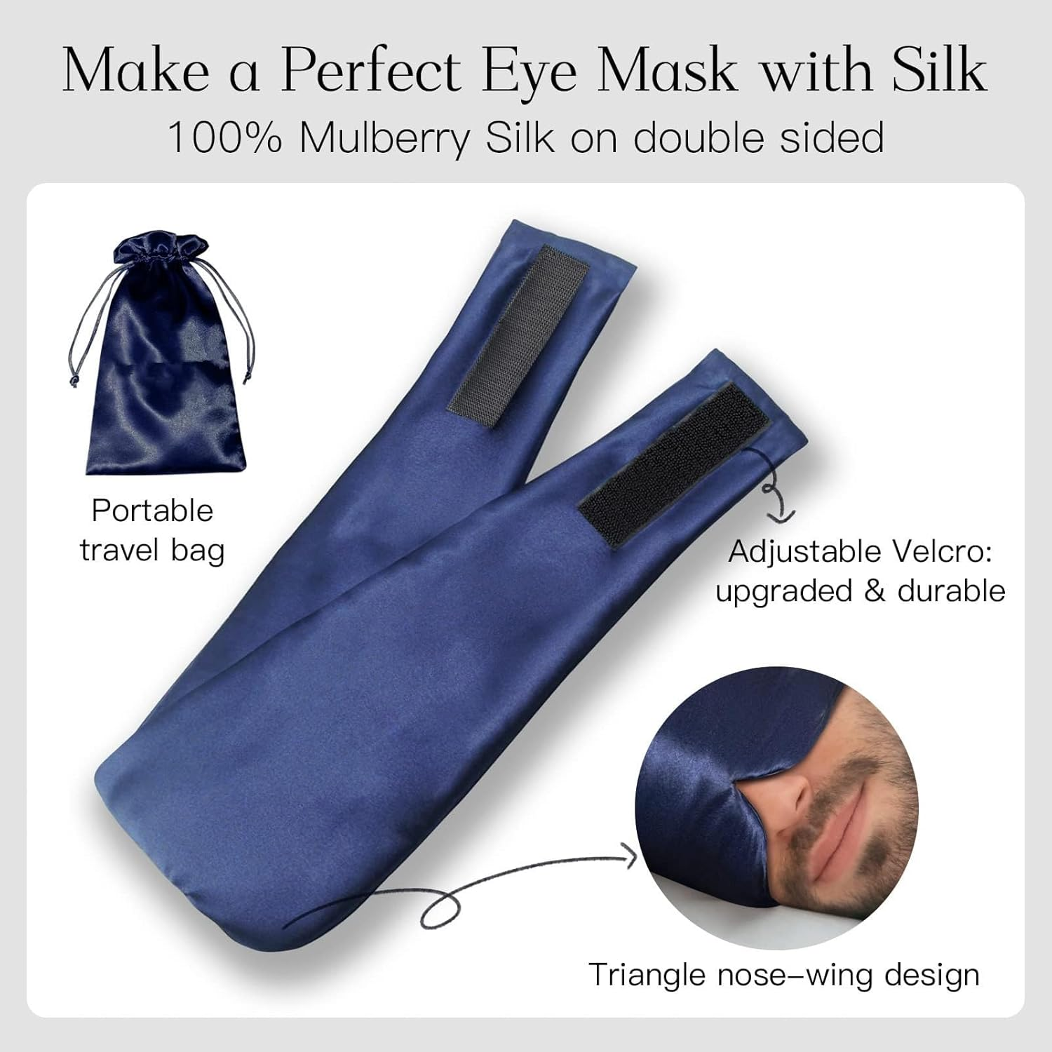 TCOTBE Silk Sleep Mask for Women Men, Mulberry Silk Eye Sleeping Mask & Blindfold with Adjustable Velcro Strap, Blackout Eye Cover for Sleep Travel Yoga Nap, Large Size, Navy Blue image number 5