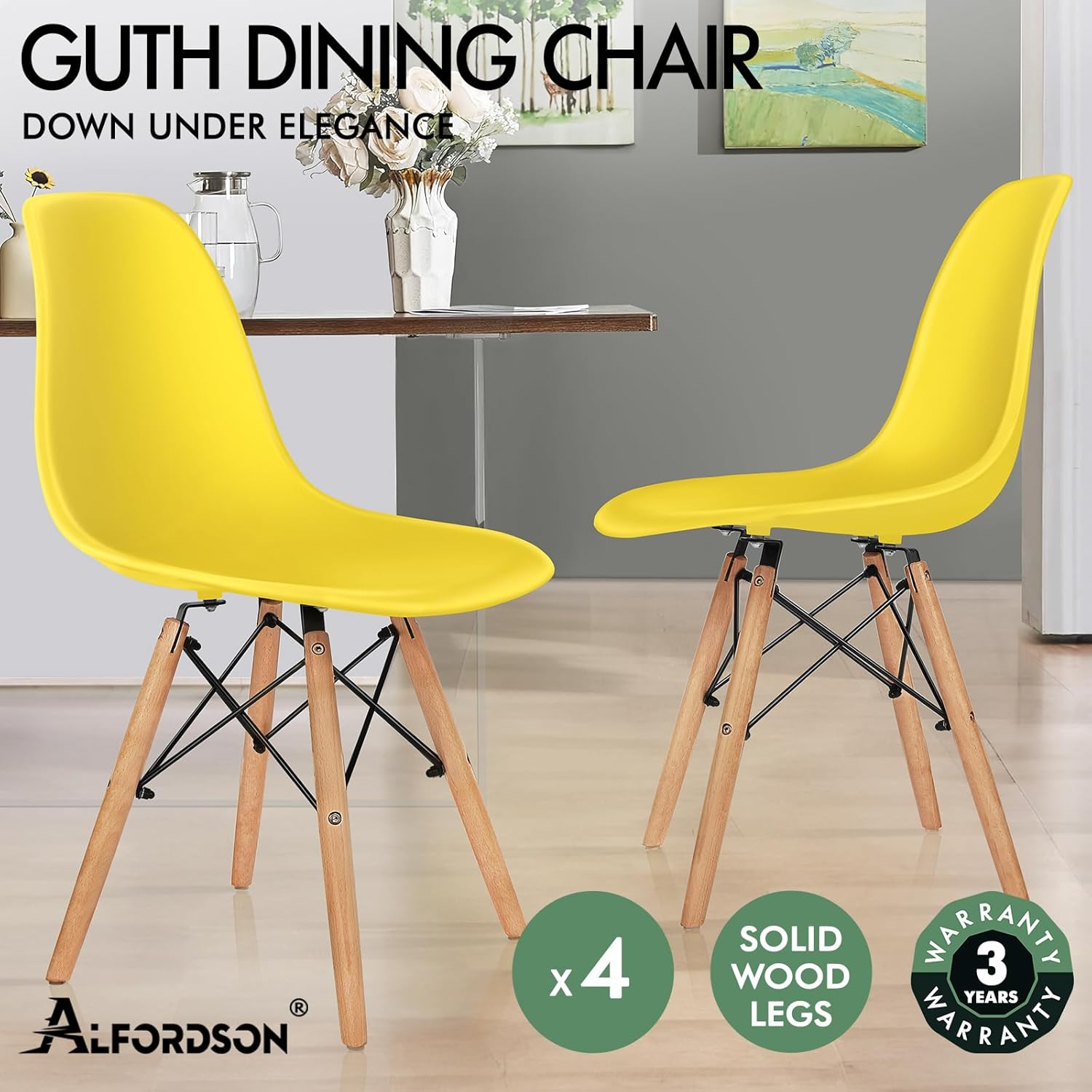ALFORDSON Dining Chairs Set of 4 with Solid Wood Legs & Floor Protectors, 4X Kitchen Chairs Reading Seating for Home Cafe Bar Coffee Table, 150Kg Capacity, EM Series, Yellow image number 2