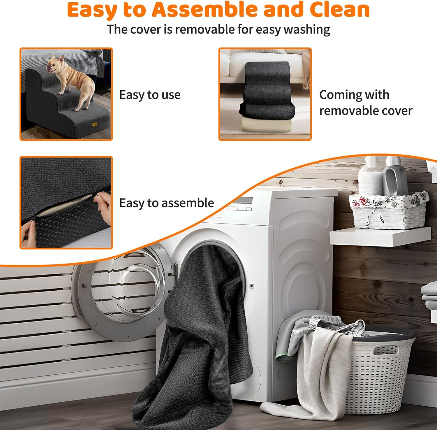 Gimars Extra Wide Sturdy 30D High Density Foam 3-Step Dog Stairs for Sofa, Pet Stair for Small Medium Dog Black image number 4