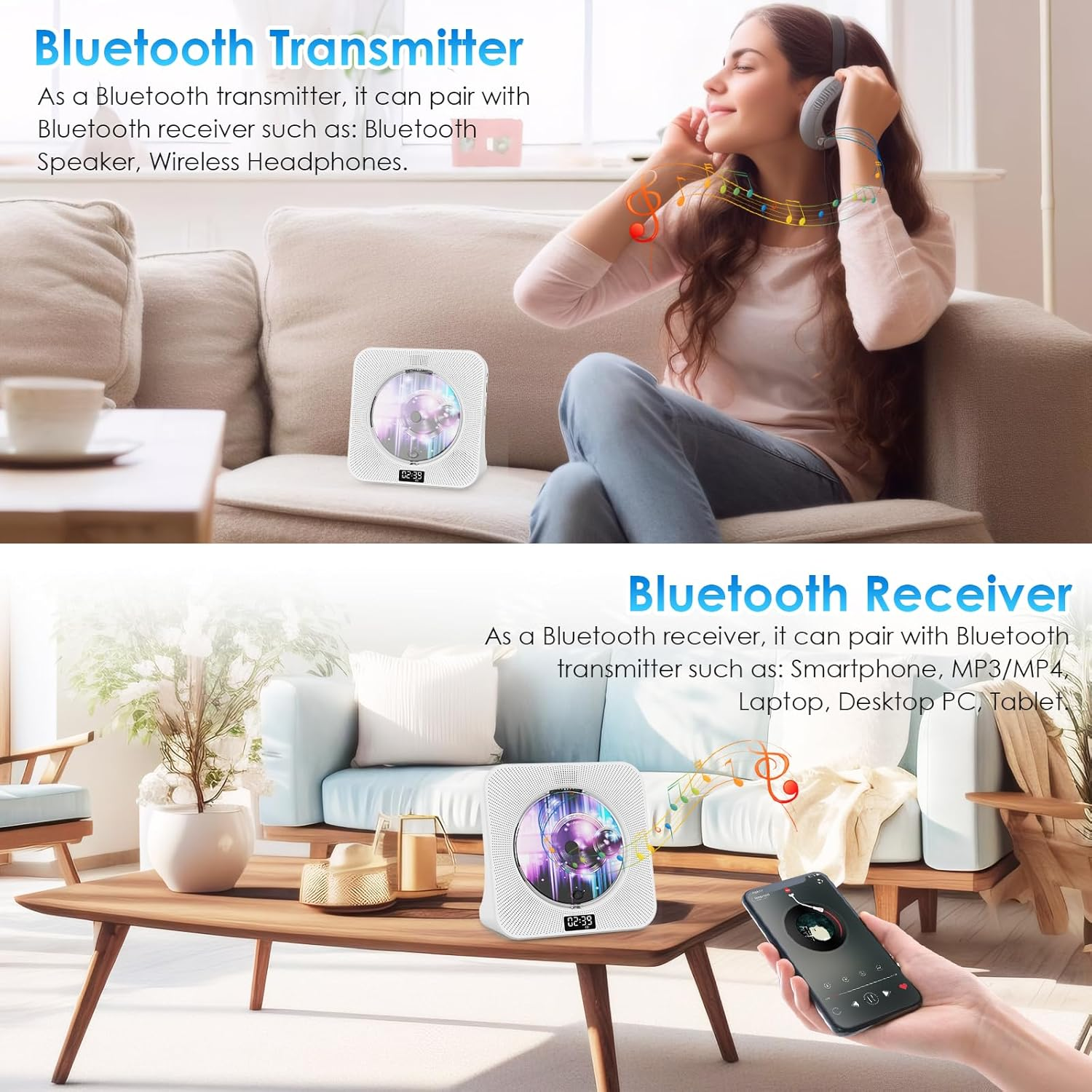 Gueray Desktop CD Player Bluetooth CD Player with Speakers for Home, Portable CD Player with AUX USB Headphone Jack FM Radio Multifunctional CD Player with Remote Control, LCD Display for Kids Gift