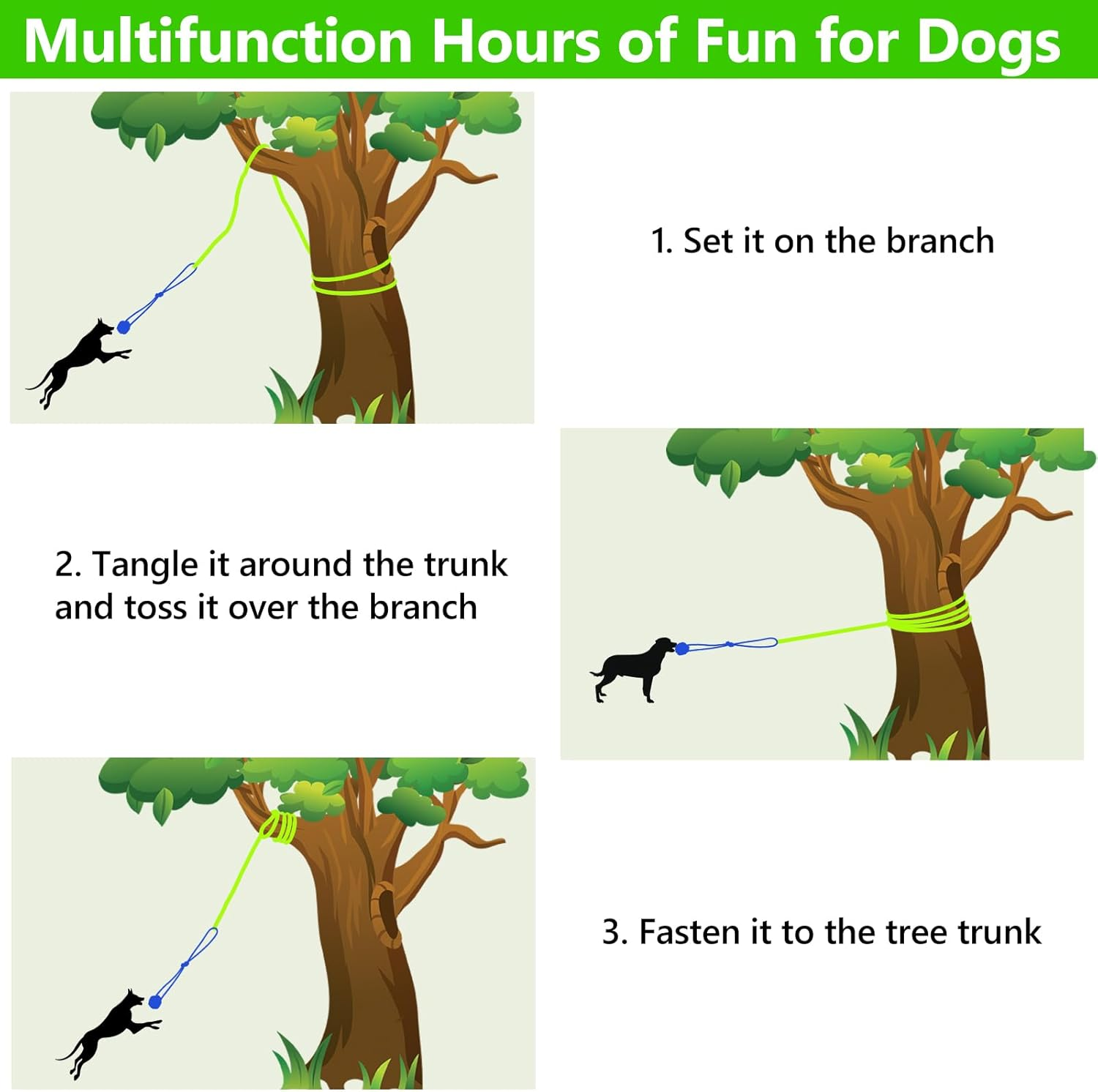 Xiaz Tug of War Dog Toy, Interactive Dogs Toy Bungee Hanging Tether with 2 Chew Rope Toys, Heavy Duty Puppy Outdoor Activity Aggressive Chewers Best Small to Large Boredom Exercise and Play (Green) - Green image number 2