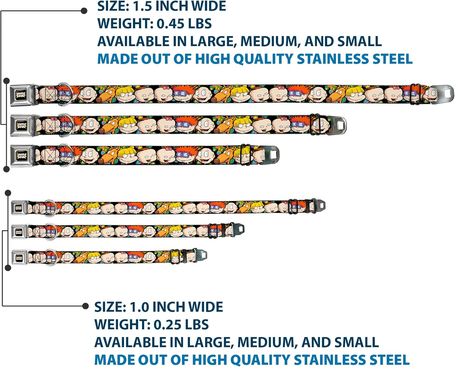 Buckle-Down Dog Collar Seatbelt Buckle Rugrats Character Faces Close up 16 to 23 Inches 1.5 Inch Wide, Multicolor, DC-WRR001-WM image number 4