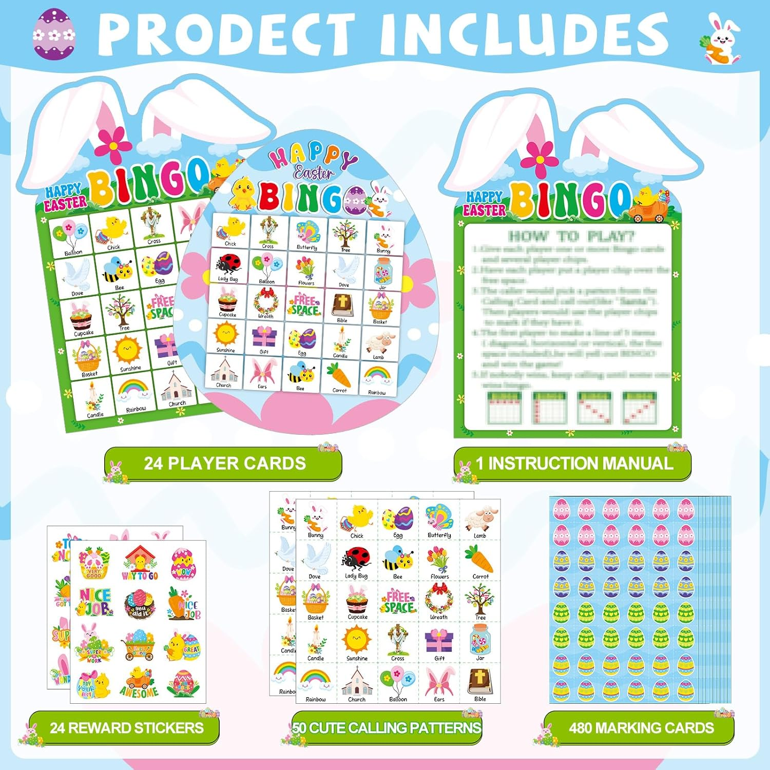 39Pcs Easter Bingo Game for Adults 24 Players Easter Bunny Egg Shape Bingo Game Cards with Reward Stickers for Family Friends Students Large Group Activities Happy Easter Spring Party Favors Gift image number 4