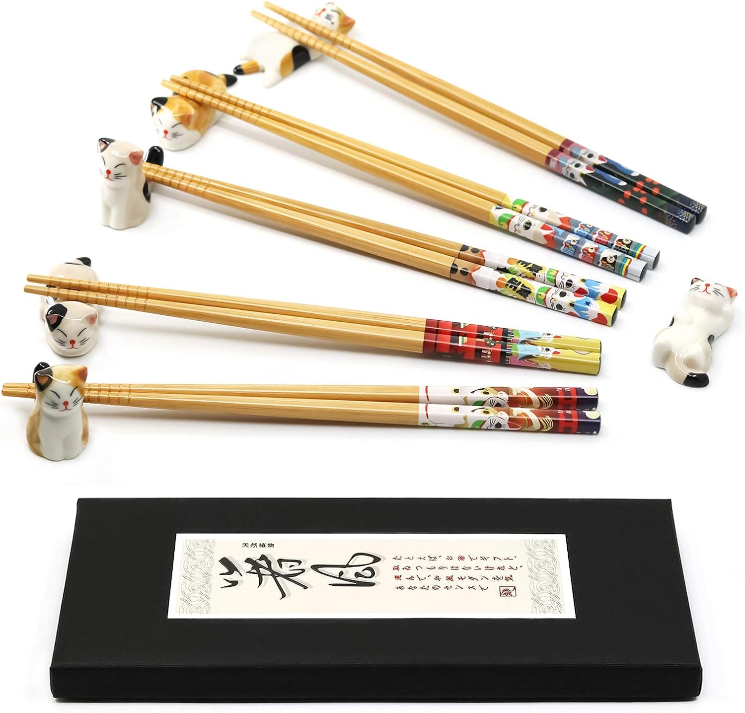 5 Pairs Chopsticks and Chopstick Rest Set, 6 Cute Lucky Cats Rest, Classic Japanese Style Light and Handy Reusable Natural Bamboo Dishwasher, Classic Gift Sets image number 6