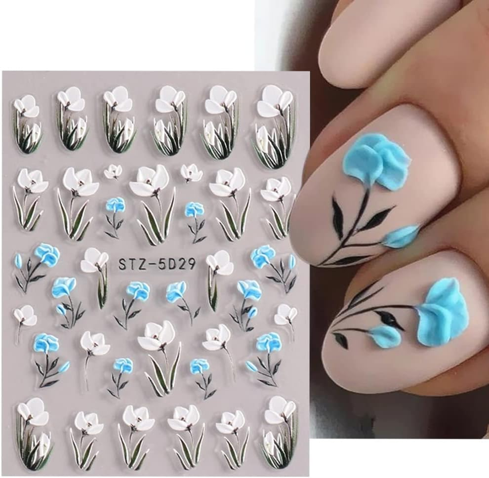 Nail Stickers, Self-Adhesive, 6 Sheets, 5D Nail Stickers, 5D Flowers Nail Art Stickers, White Nail Design for DIY Nail Decoration image number 1