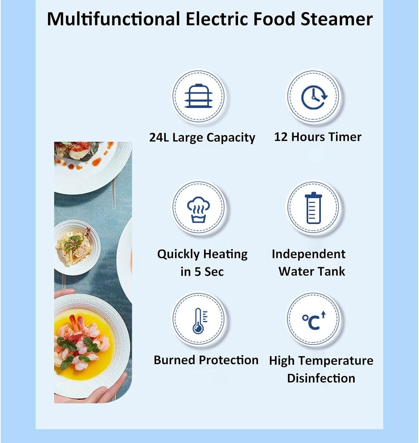 Electric Food Steamer, 3 Tier Removable Steamer, 24L Large Capacity, Touch Screen Display, 800W Fast Heating, 12H Timer, Independent Water Tank with Filter for Safer Use