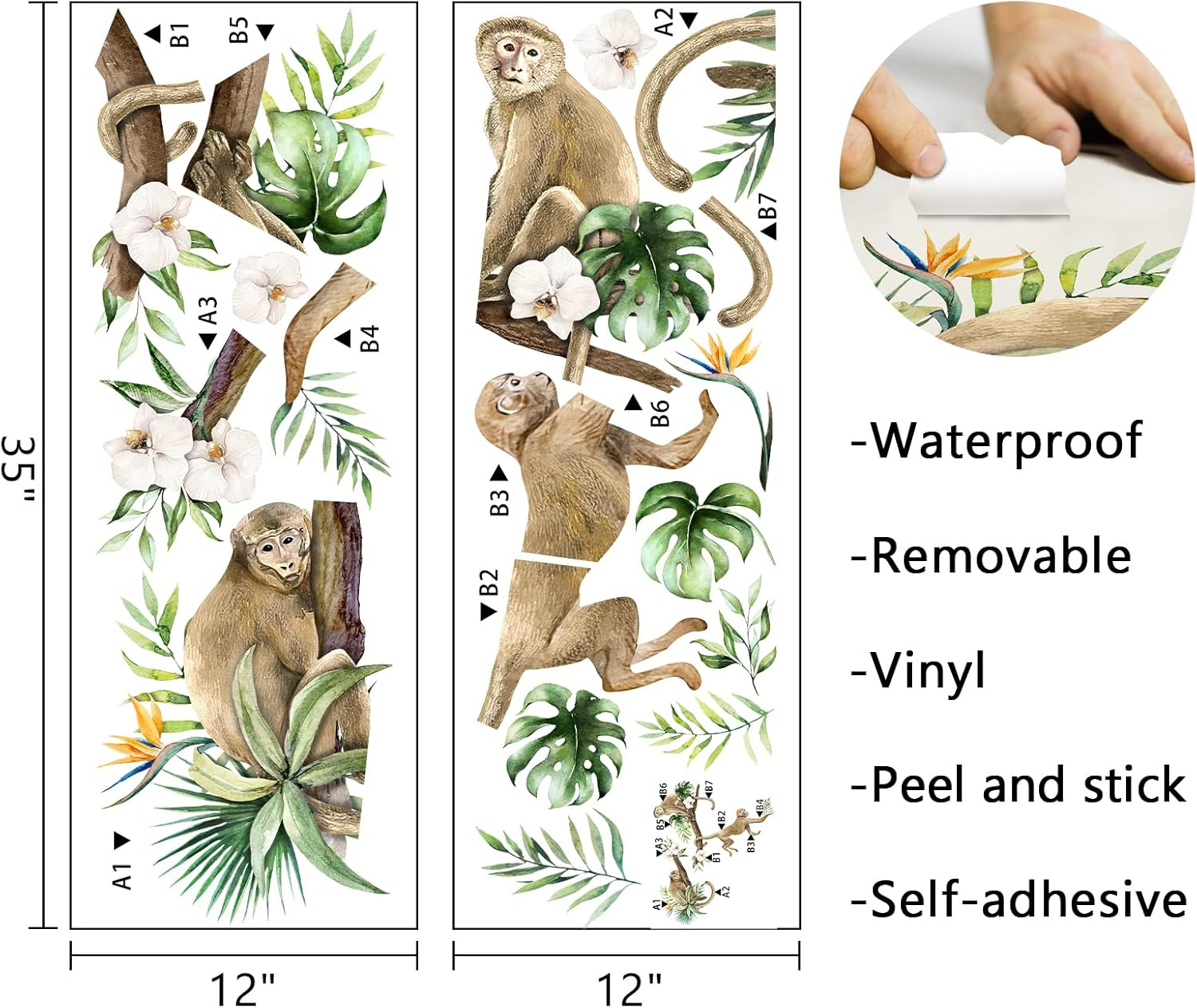 Mfault Monkey Climbing Tree Wall Decals Stickers, Jungle Animals Nursery Decorations Baby Boys Girls Bedroom Art, Kids Toddlers Room Playroom Classroom Daycare Decor image number 1