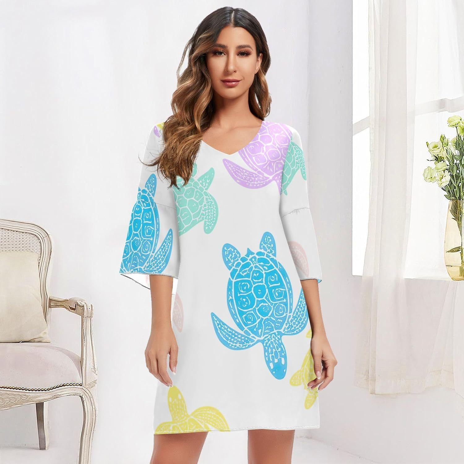 Pastel Sea Turtles White Elegant V Neck Dress Printed Maternity Dress Party S-XXL image number 5