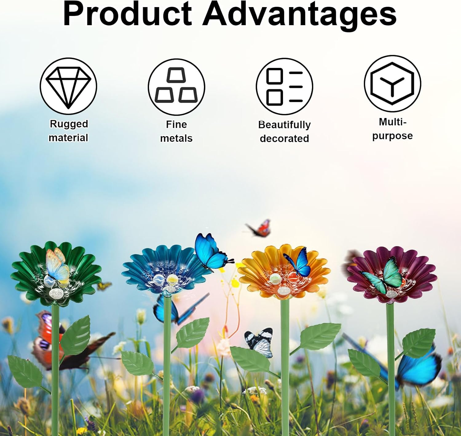 2/4 Pack Bee Watering Station, Iron Bee Water Feeder, with Glass Marble and Flower Design, Butterfly Water Stations, Practical Bird Watering Station, for Outdoor Garden Yard (Style2) - Style2 image number 5