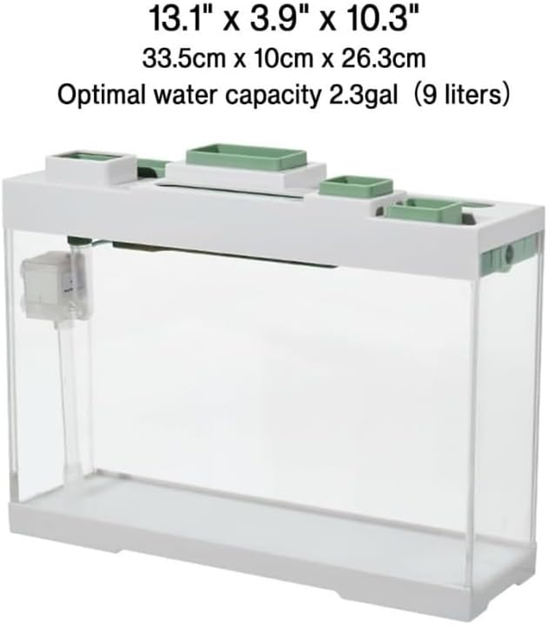 Tabletop Storage Fish Tank - 2 Gallon (9L) Extremely Narrow High Definition Acrylic Aquarium with Silent Pump Filtration System and LED Lights (Greener)