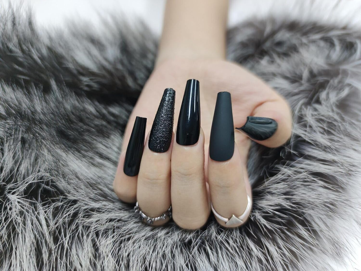 Press on Nails Fake Long Coffin Nail Tips Black Mix 20 Pcs image number 4