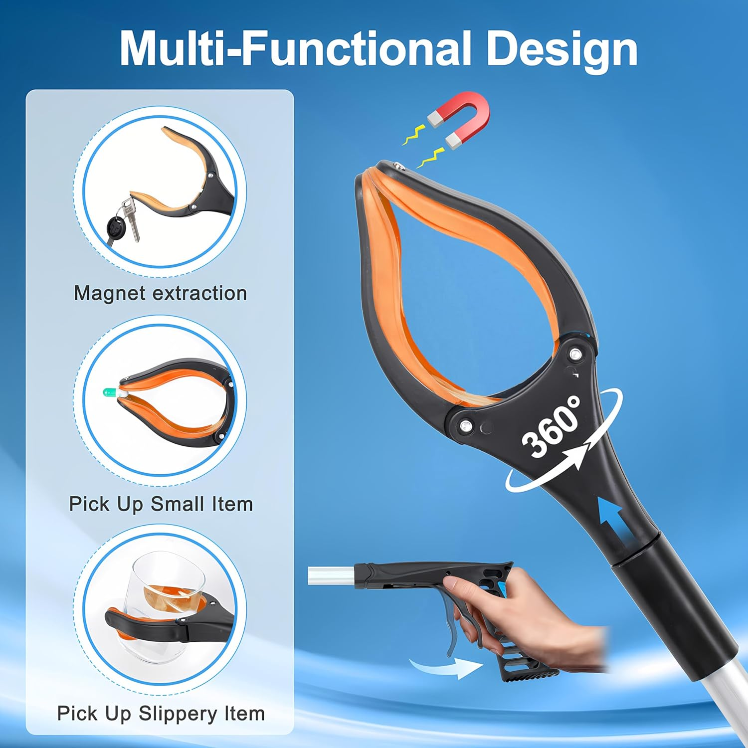 Reacher Grabber - Foldable Gripper and Reaching Tool - 32&rdquo;Extra Long Handy Trash Claw Grabber, Mobility Aid Reaching Assist Tool for Trash Pick Up, Litter Picker, Arm Extension (Orange) - Black Blue image number 7