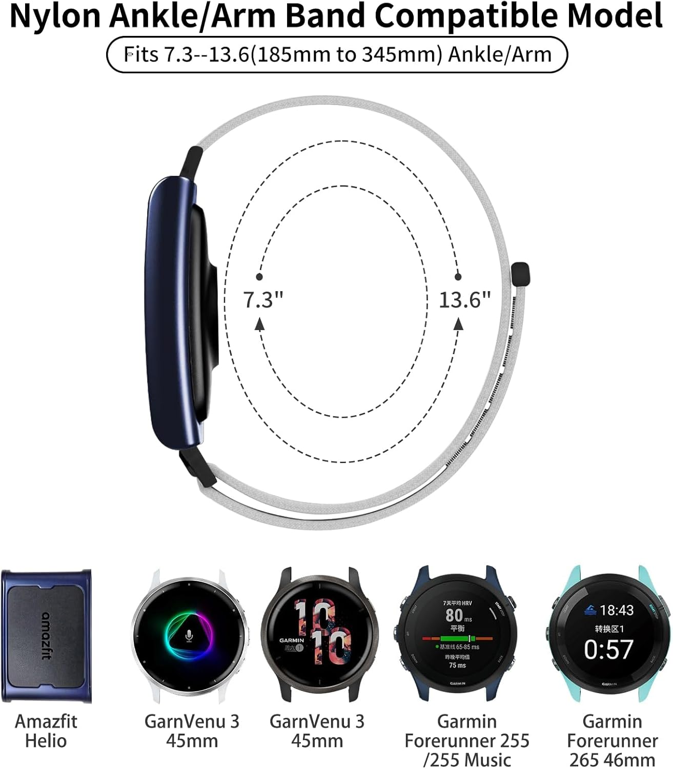 Chinbersky Pack of 2 22 Mm Sports Bicep Band Compatible with Amazfit Helio Strap for Men and Women, Nylon Elastic Adjustable Arm/Ankle Band Jogging for Amazfit Helio Strap - Jet Black/Storm Grey image number 7