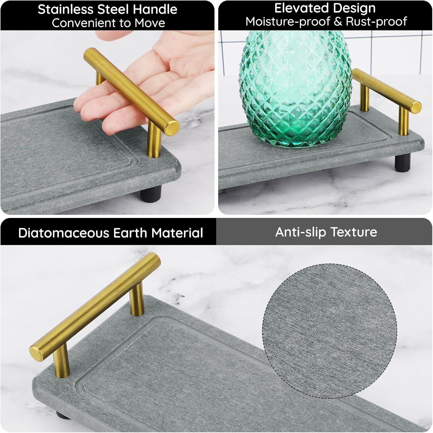 Segbeauty Stone Quick Dry Tray, Countertop Diatomaceous Tray, Instant Dry Sink Organizer, Home Sink Caddy, for Toiletries & Plants, Countertop (With Golden Handle) image number 4
