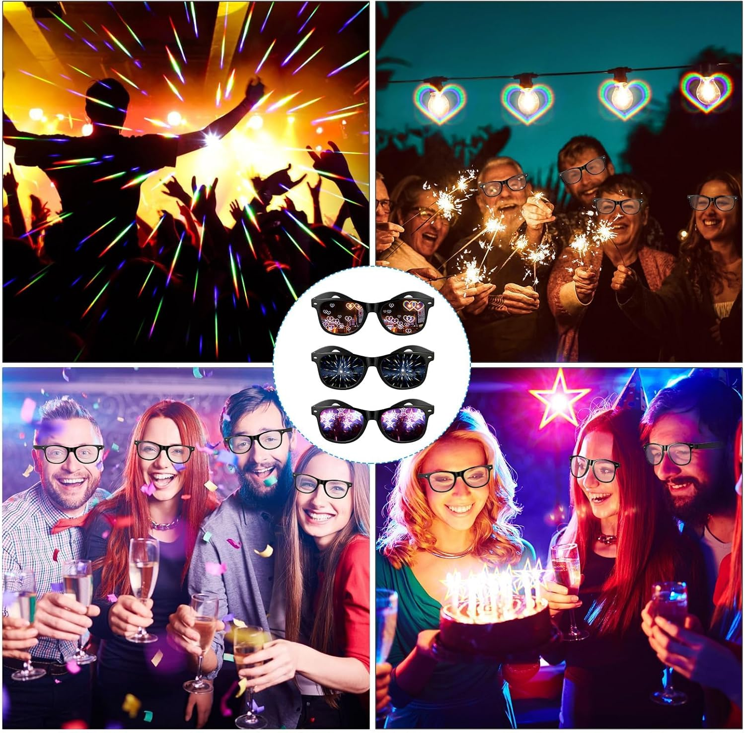 3Pcs Diffraction Glasses, 3D Prism Rainbow Heart Star Effect Light Refraction Glasses for Edm Party - Women Men Rave image number 4