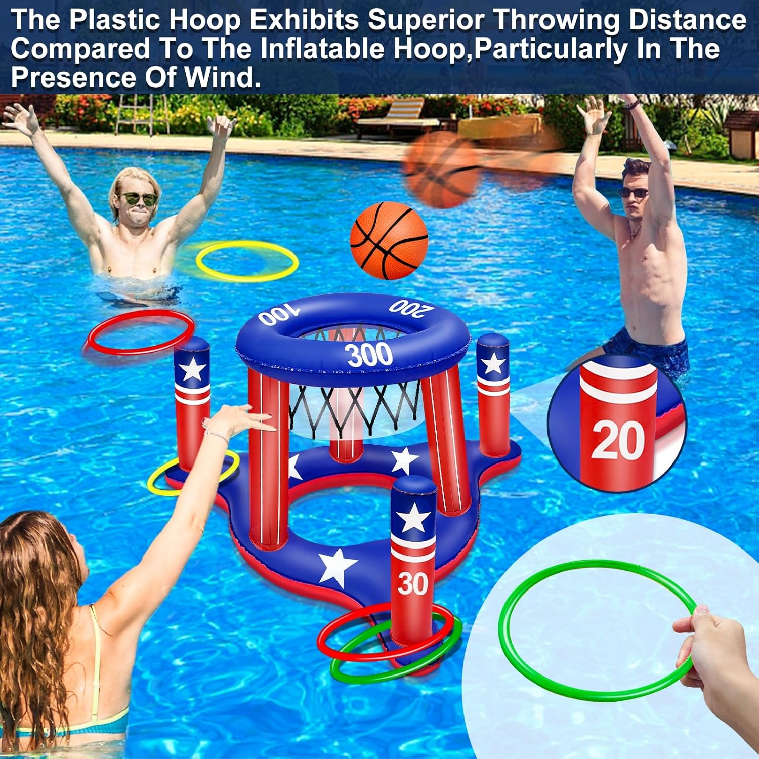 American Flag Inflatable Cross Ring Toss with Floating Basketball Hoop, 6 Rings and 1 Basketball image number 2