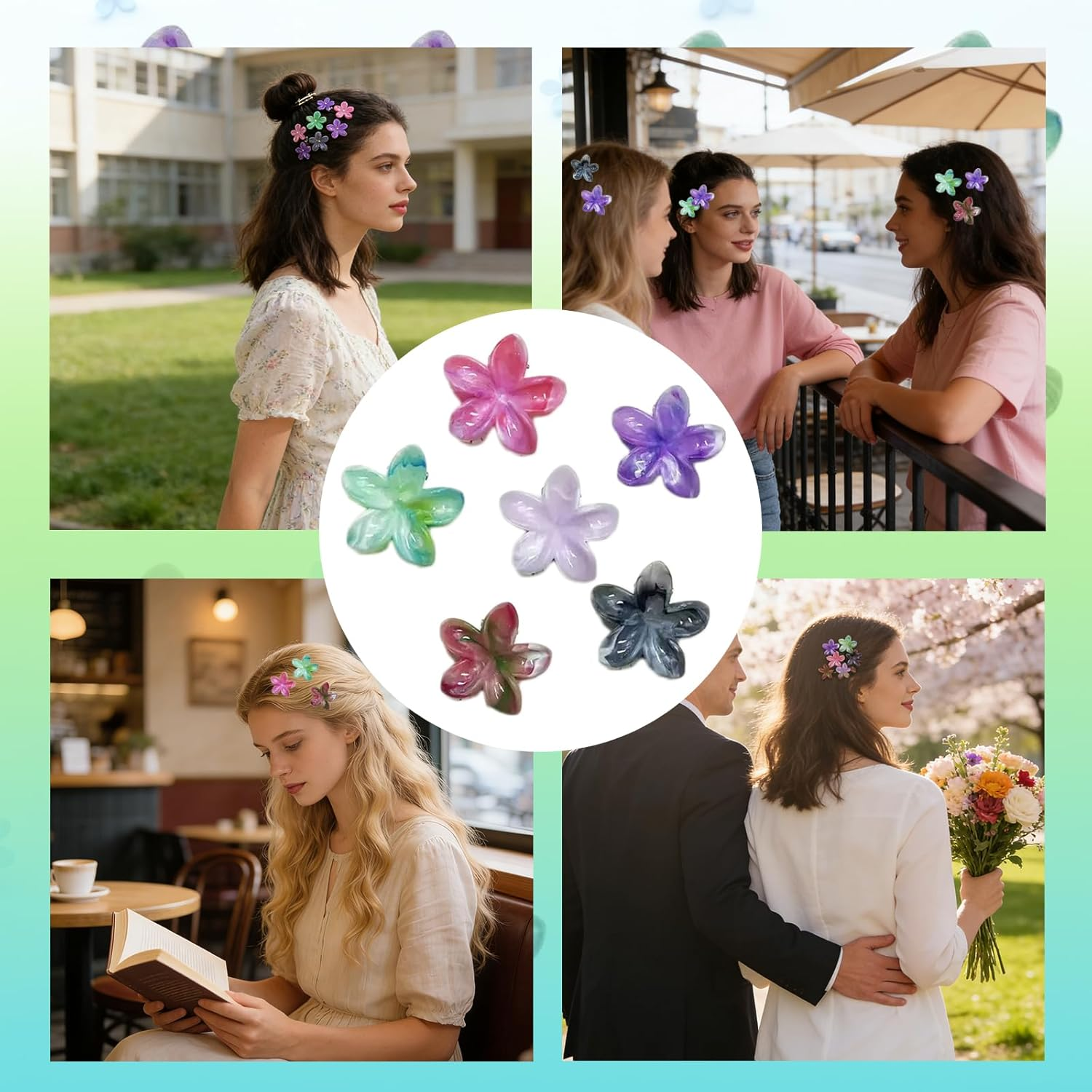 FISH DRAGATE Pack of 12 Hair Clips Flower, Marbled Flowers Hair Clips, Flower Hair Clips, Hair Clip, 6 Colours, Women'S Accessories, Flower Hair Clip, for Girls, Wedding, Party image number 1