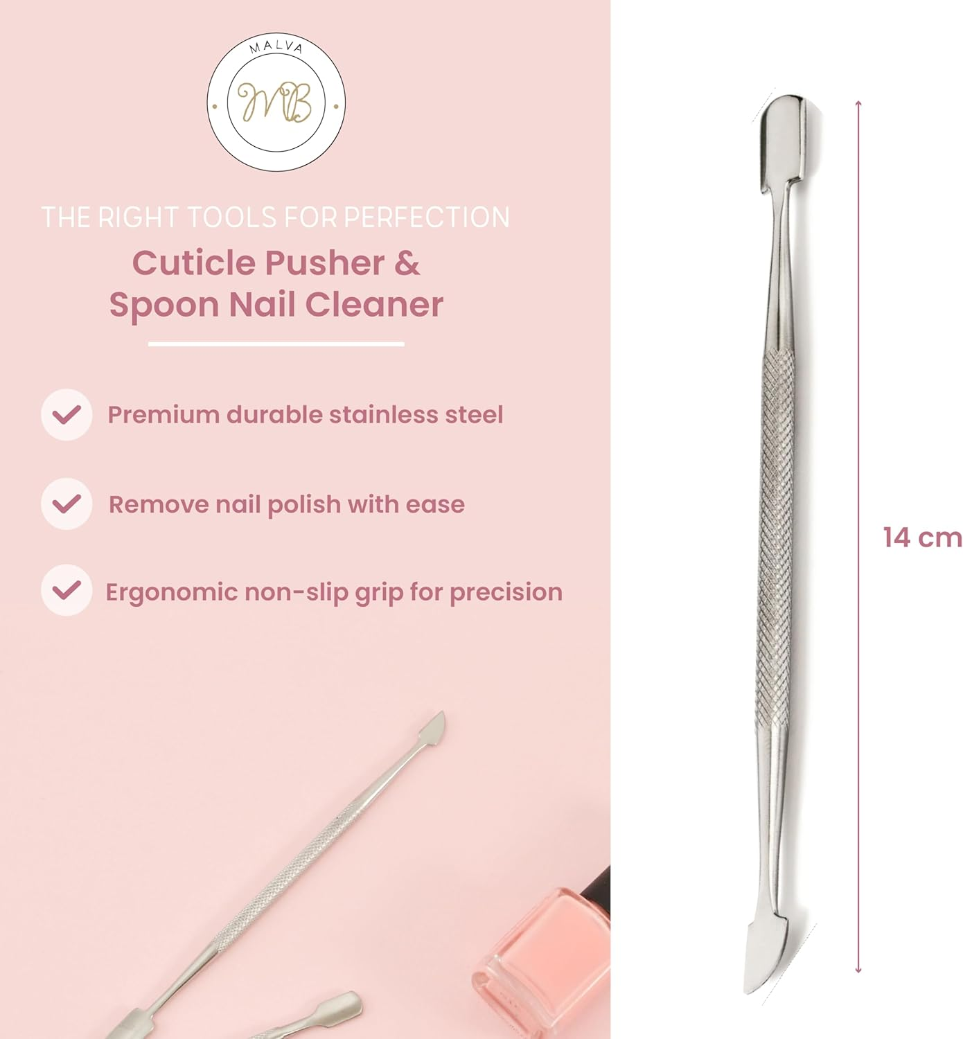 Malva Belle Cuticle Pusher & Spoon Nail Cleaner - Cuticle Remover & under Nail Cleaner Tool - Stainless Steel Cuticle Pusher Tool - Nail Cleaner - for Women - Cuticle Care Kit image number 5