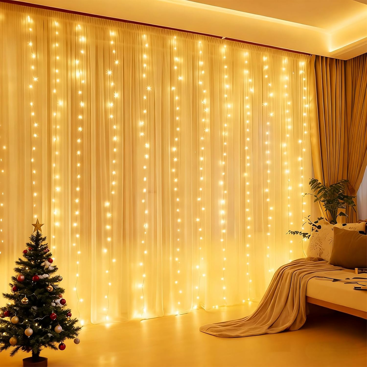 300 LED Fairy Curtain Lights, 3M X 3M Curtain String Lights, 8 Lighting Modes USB Plug in Hanging Lights Christmas Decoration, Bedroom Indoor Weddings Party (Warm White, 1 Pack)