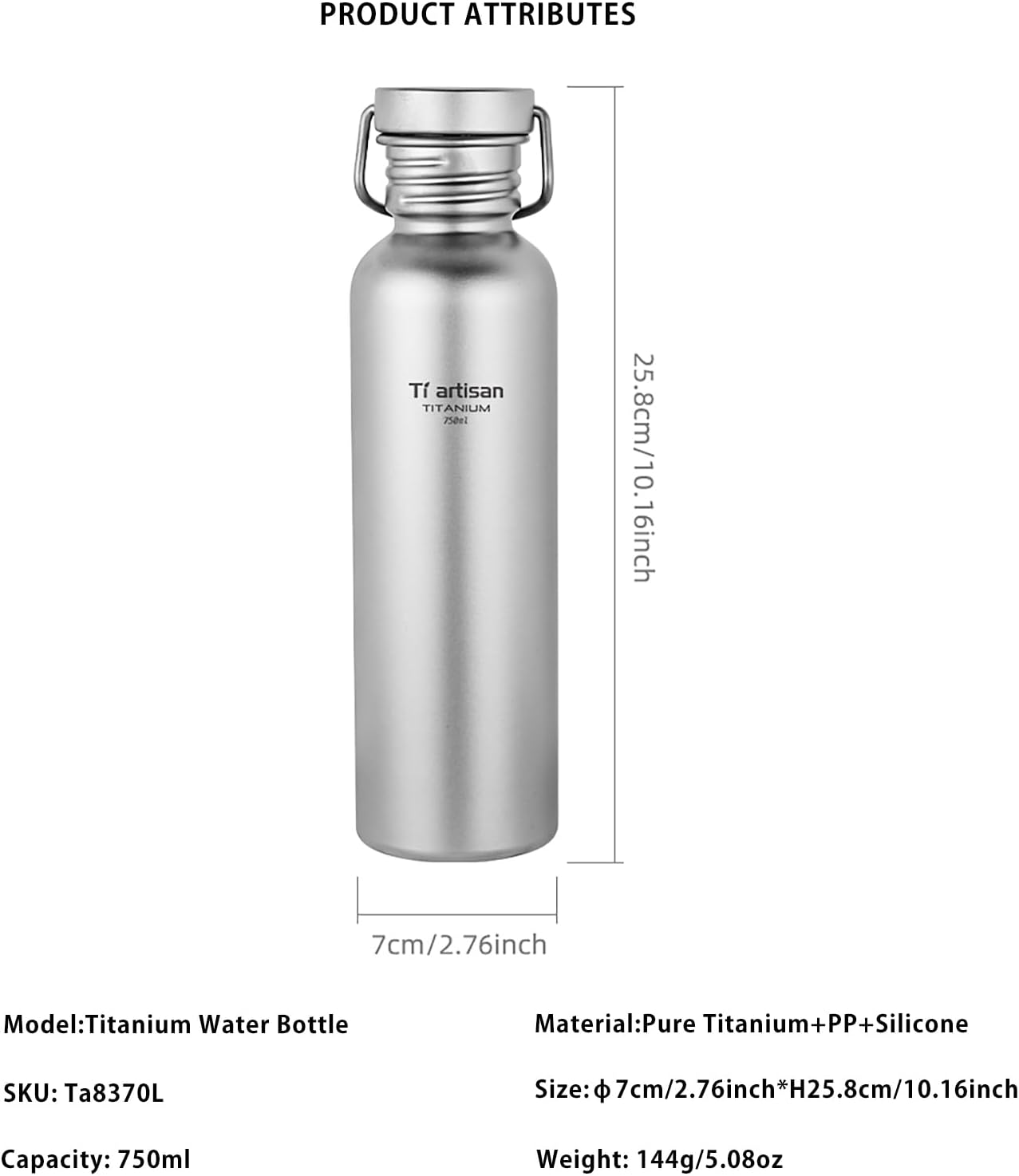 Ti Artisan Titanium Water Bottle Sport Bottle Ultralight Leakproof for Outdoor Camping Hiking (750Ml)