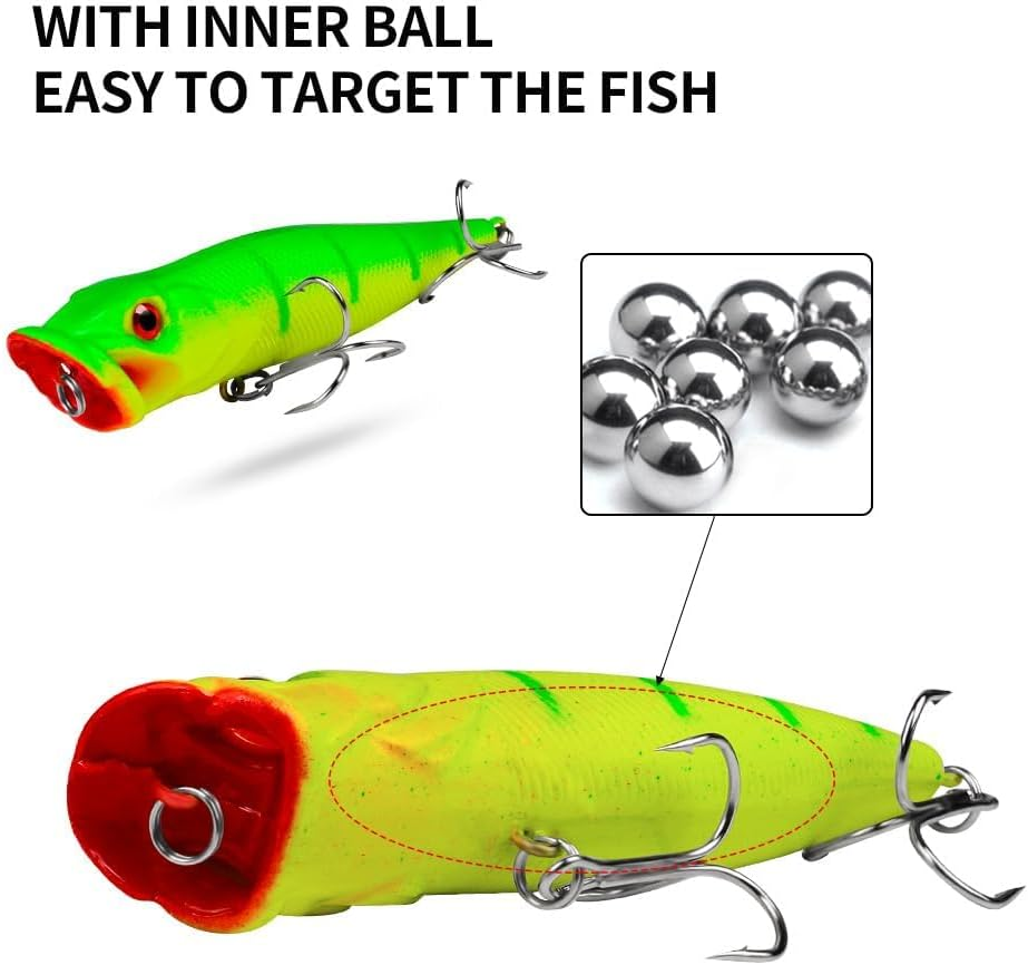 Origlam 5Pcs Floating Topwater Popper Fishing Lure 9Cm, Popper Fishing Lures Treble Hooks Fishing Tackle Accessory, Artificial Surface Fishing Lures for Pike Bass Salmon image number 1