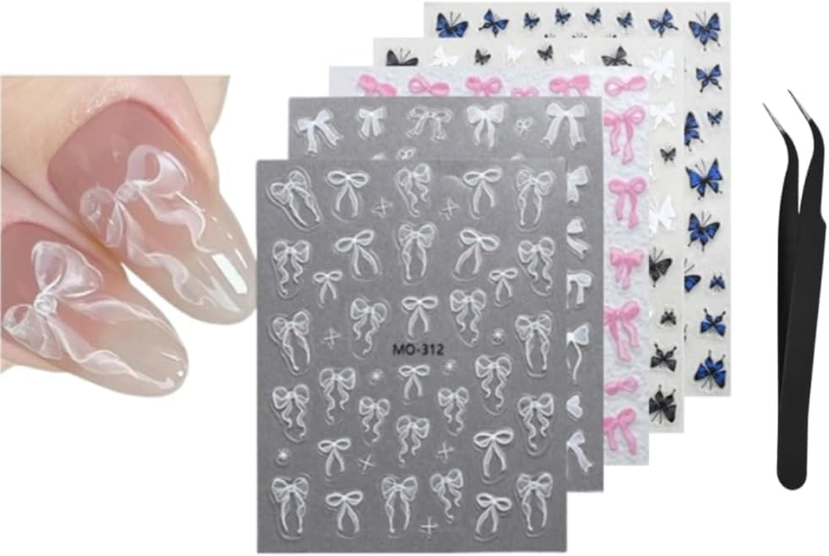 Nail Art Stickers Self-Adhesive Design, Butterfly & Bow Stickers for Nail Decoration - Set of 5 Sheets with Tweezers - Geiwogwc image number 3