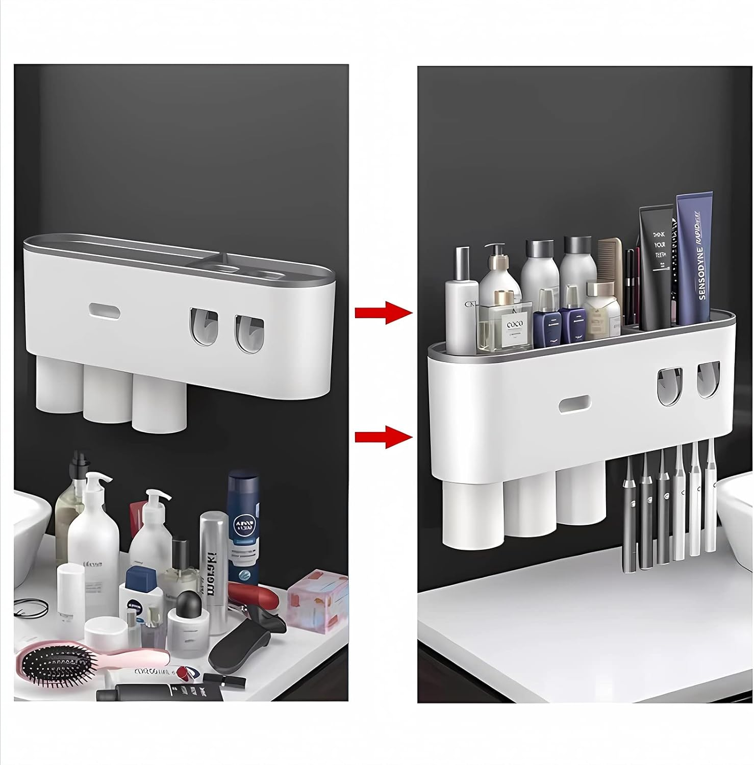 Hushnow Toothbrush Holder Wall Mounted,Double Automatic Toothpaste Dispensers with 6 Brush Slots 3 Magnetic Cups 1 Cosmetic Drawer Organizer 1 Large Storage Tray,Grey Toothbrush Holder Set - 3 Grey image number 6