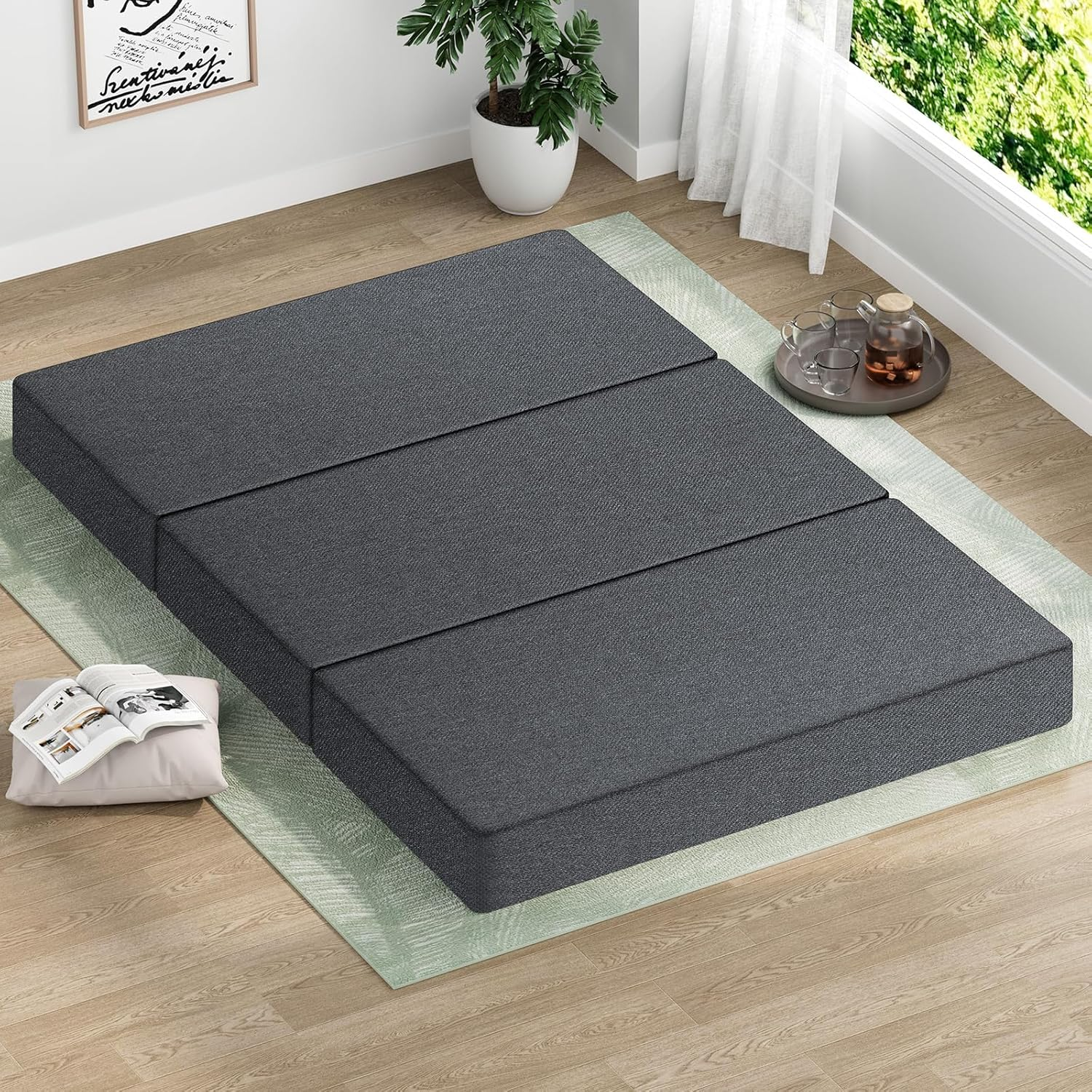 STARRY EUCALYPT Light Grey Folding Floable Mattress Mat Pad 190 X 130 X 10Cm Portable Mattress Floor Bed in Bamboo White for Home Office Camping and Travel Use Tri-Fold Sofa Lounge image number 2