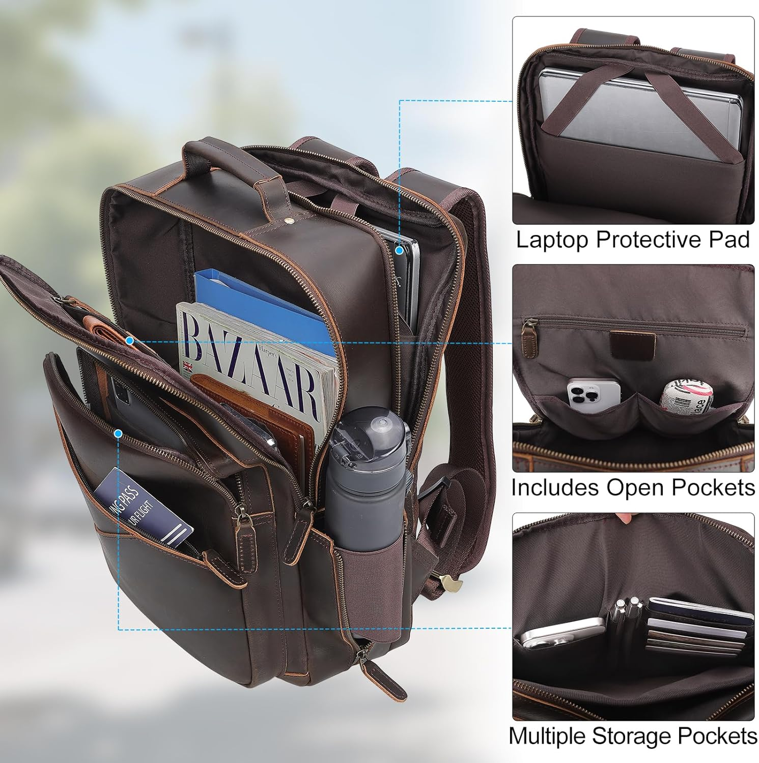 Tiding Vintage Genuine Leather Backpack for Men 15.6" Laptop Bag Multi Pockets Travel Rucksack Business Overnight Daypack image number 3