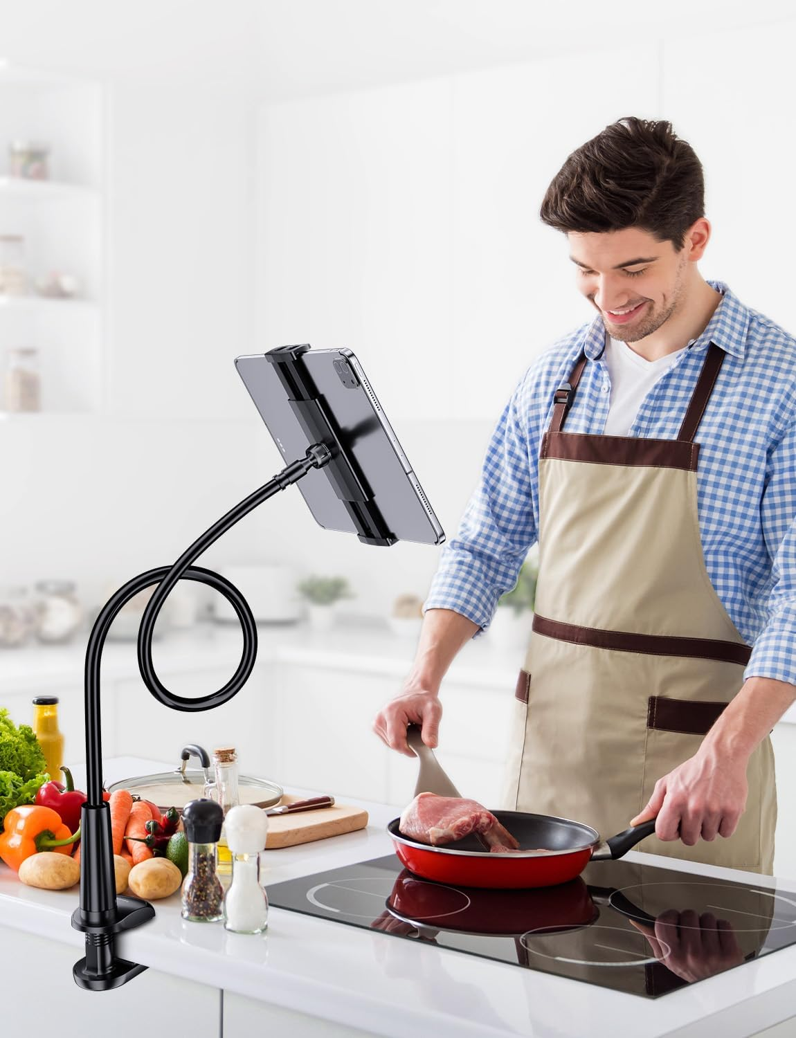 Gooseneck Tablet Holder Stand for Bed: Tryone Adjustable Flexible Arm Tablets Mount Clamp on Table Compatible with Ipad Air Mini | Galaxy Tabs | Kindle Fire | Switch or Other 4.7-10.5" Devices(Black) - White image number 6