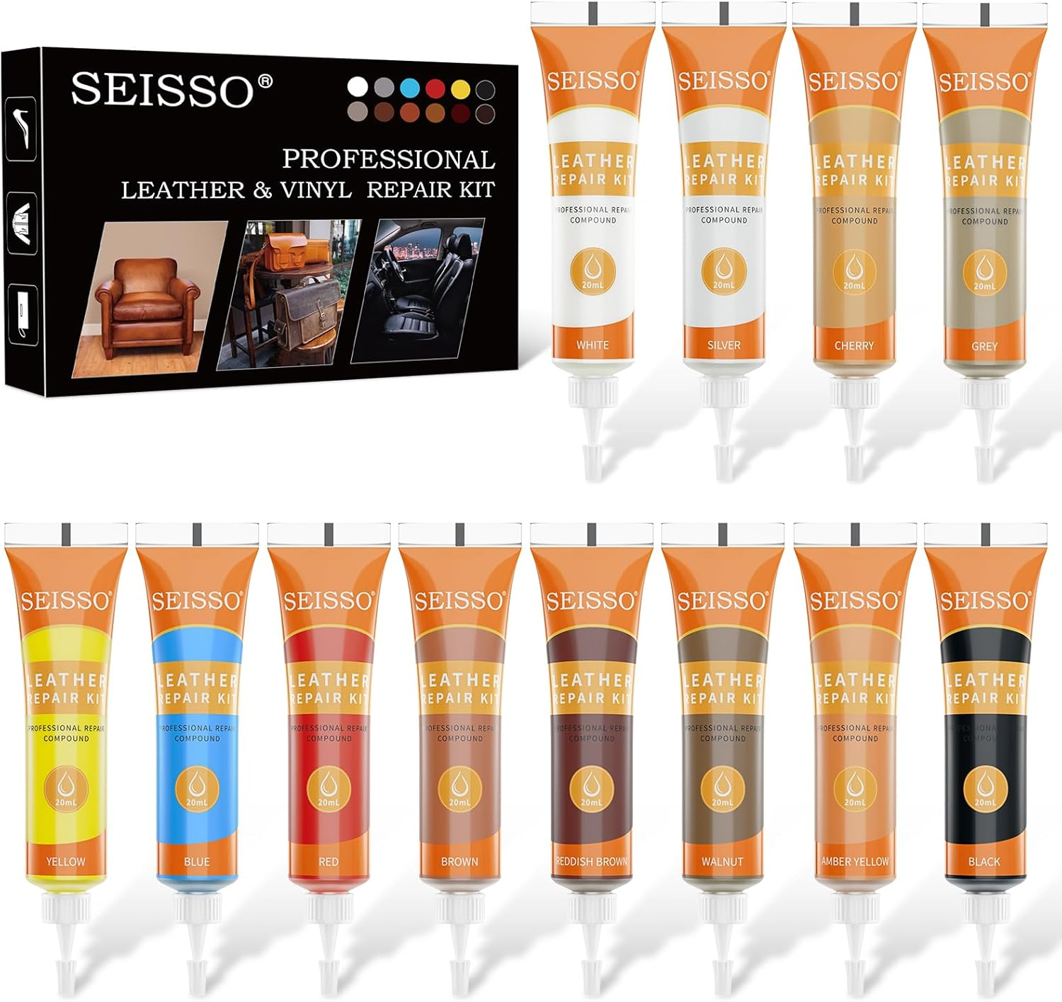 18 Colors Leather Repair Kit for Furniture and Vinyl Repair Kit for Refurbishing Upholstery, Couch, Boat, Car Seat, Shoes and Jacket - Leather Dye Kit - a Simple and Convenient Solution