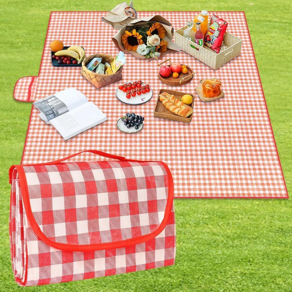 Extra Large 200X200Cm Picnic Blanket, Foldable Waterproof Mat for Camping, Beach, Park, Family & Outdoor Enthusiasts, Lightweight Portable with Carry Handle, Red/White Grid Design image number 3