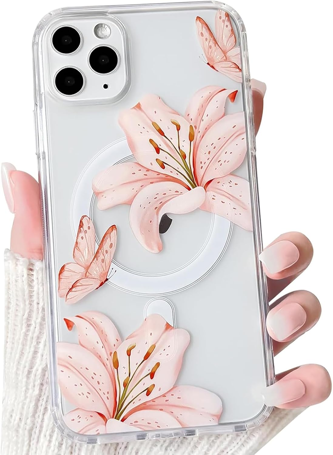 NITITOP Compatible with Iphone 11 Case Clear Magnetic Compatible with Magsafe Cute Lily Flowers Floral for Women Girls Hard PC Back Shockproof Protective Phone Cover - Pink