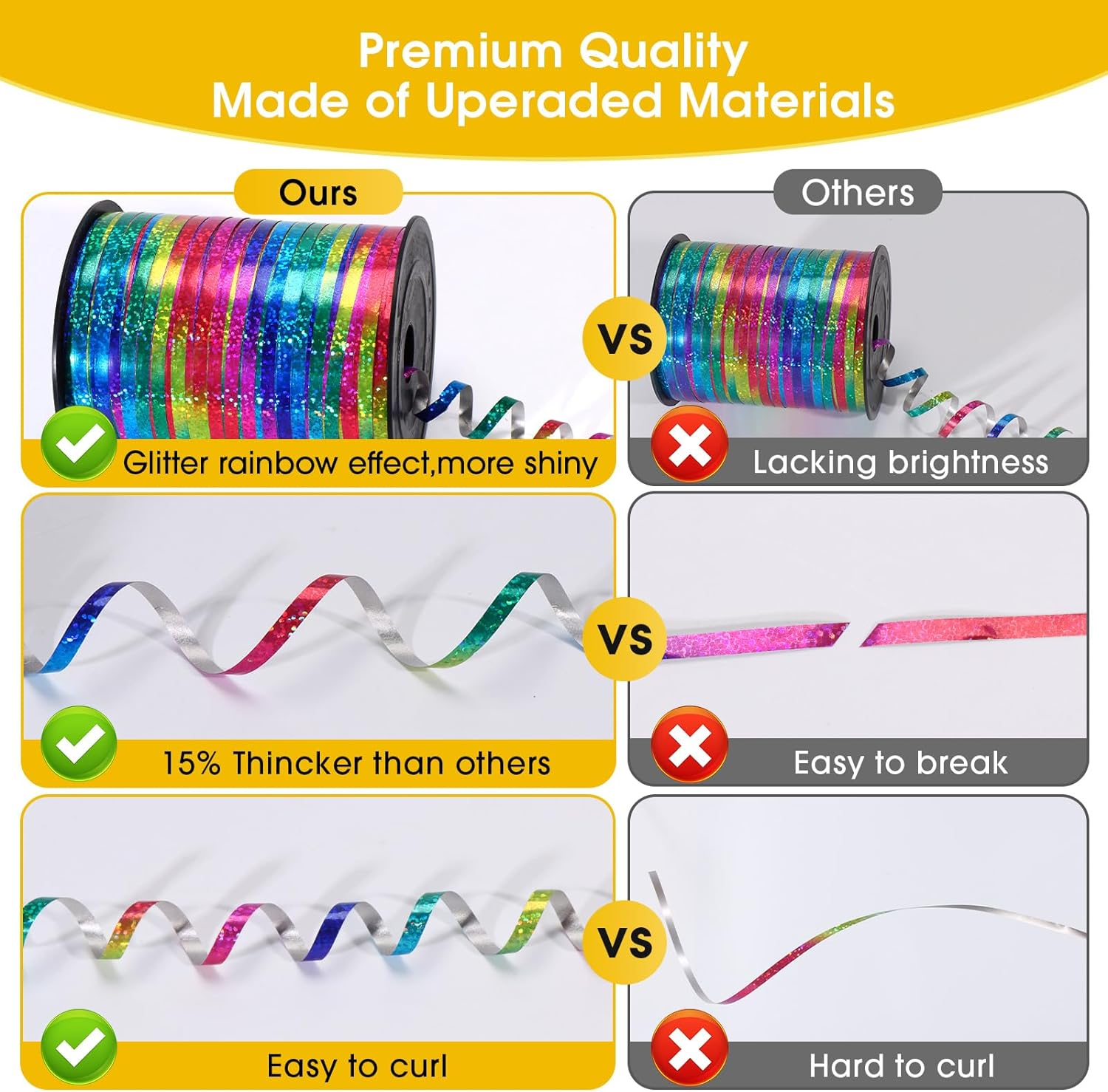 500 Yard Rainbow Ribbon Curling, Balloon Ribbon-Balloon String, Shiny Metallic Curly Roll for Gift Wrapping Ribbon for Wedding, Birthday Decoration, Baby Shower, Christmas - Glitter Rainbow Ribbon image number 2