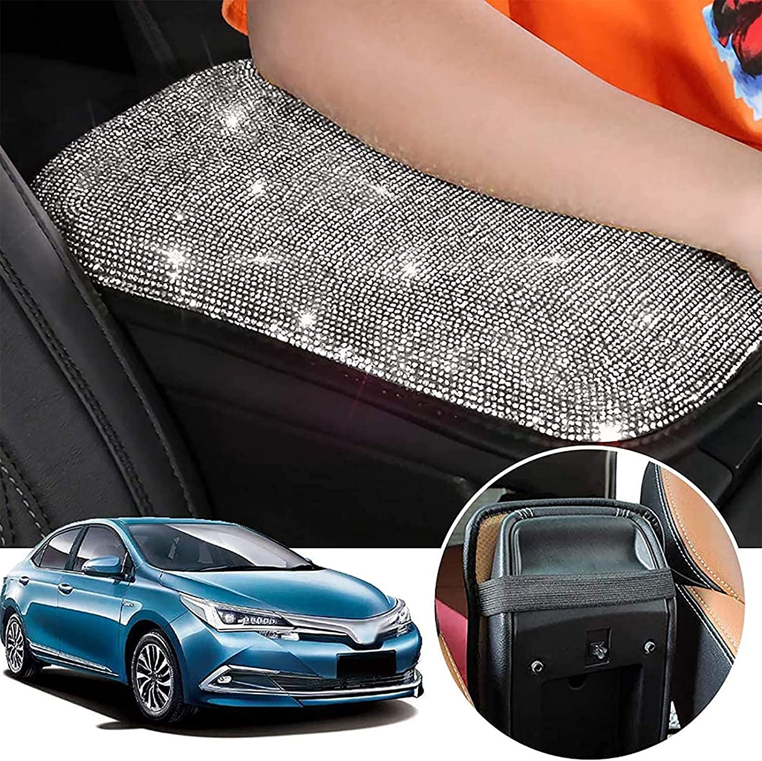 SUHU Bling Car Armrest Cover Cute Charming Auto Center Console Protective Cover Luster Crystal Rhinestone Car Arm Rest Cushion Pad Bling Car Interior Accessory for Women Girl 12.2 X 8.7 Inch 3 image number 4